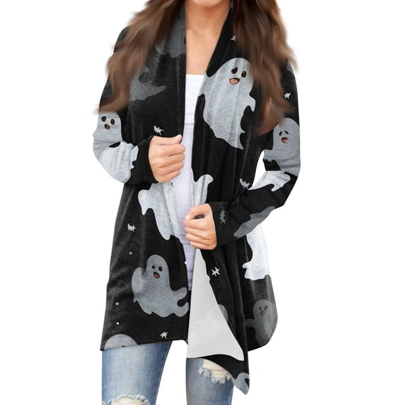 WTOBBY Women's Fashion Casual Halloween Printed Mid-Length Cardigan Jacket Asymmetrical Hem Cover Up Long Sleeve Open Front Lightweight Top,White S