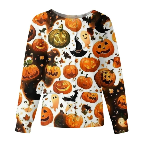 WTOBBY Women's Fashion Casual Long Sleeve Standing Collar Single Breasted Halloween Printed Workwear Jacket - Comfortable and Durable for Medical Apparel and Costume Use,Orange XL