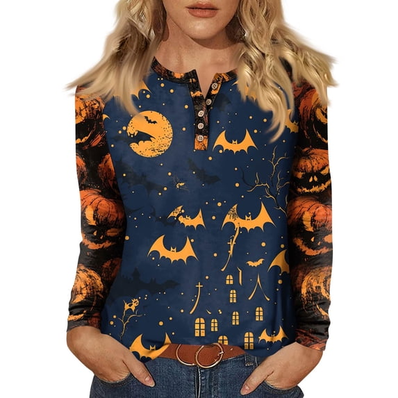 WTOBBY Women's Fashion Casual Long Sleeve V-Neck Halloween Print T-Shirt with Button Detail and Raglan Sleeve - Daily Wear Basic Top for Comfortable Outfit and Style,Dark Blue 3XL