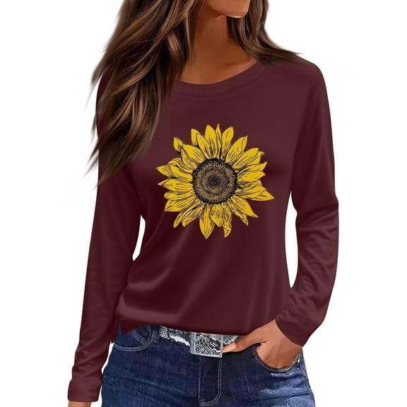 WTOBBY Women's Fashion Casual LongSleeve Print Round Neck Pullover Top Blouse - Floral Design with Side Slit Hem for Everyday Stylish and Comfort Outfits,Wine M