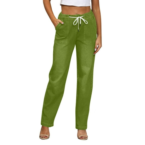 WTOBBY Women's Fashion Casual Pencil Pant, Solid Color Elastic Waist Pocket Tie Jeans for a Stylish and Versatile Look, Comfortable Fit with Functional Design,Green 2XL