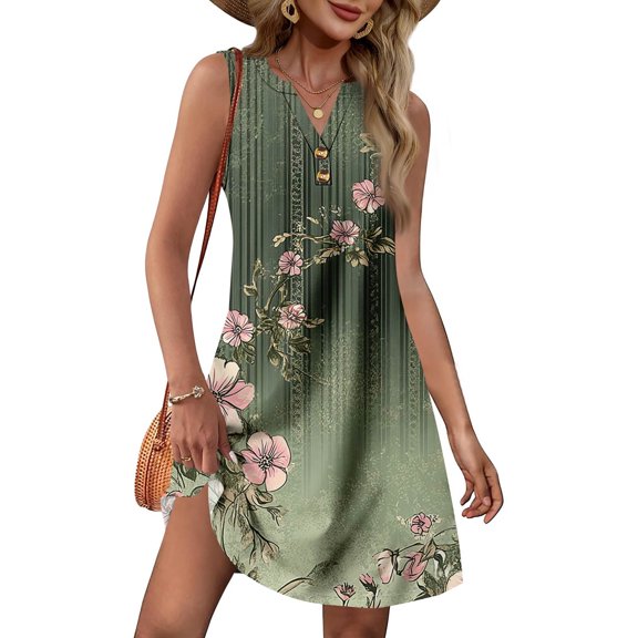 WTOBBY Women's Fashion Casual Printed V-Neck Button Vest Sleeveless Dress with Pocket, Floral Print for Summer Wear, Airy and Stylish Design for Vacation and Everyday Use,Green S