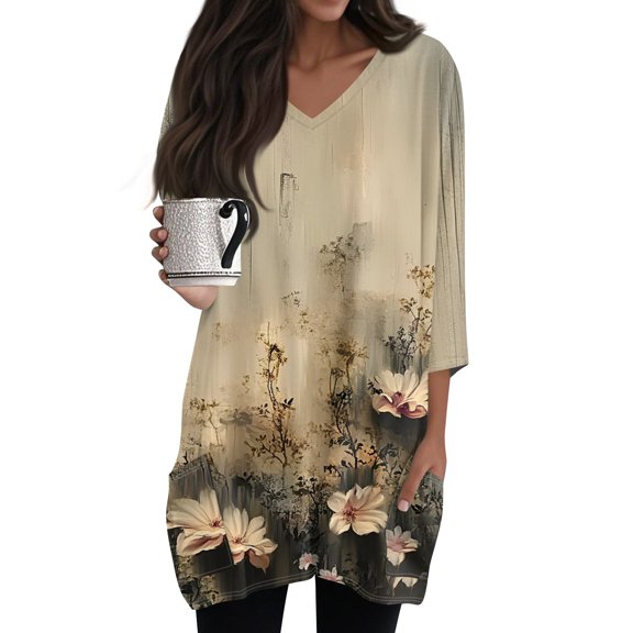 WTOBBY Women's Fashion Casual Retro Floral Print V-Neck Mid-Length Tunic Tops with Pockets, 3/4 Sleeve Blouses, Comfortable and Functional Shirt,Gray S