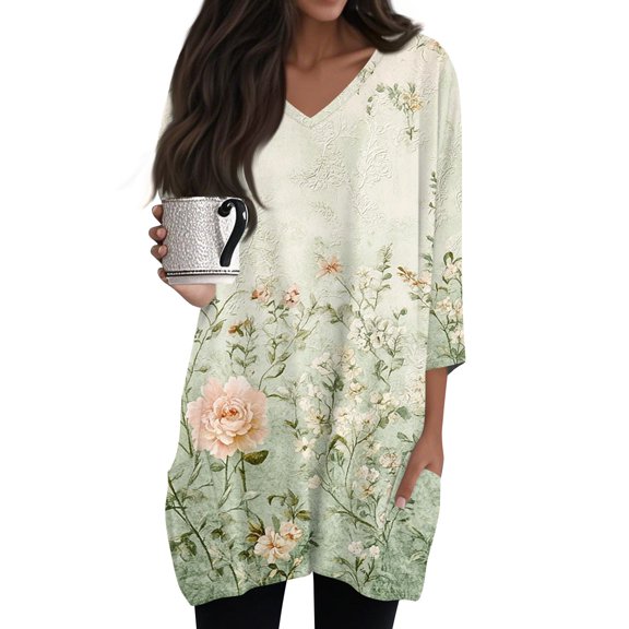 WTOBBY Women's Fashion Casual Retro Floral Print V-Neck Mid-Length Tunic Tops with Pockets, 3/4 Sleeve Blouses, Comfortable and Functional Shirt,Light Green S