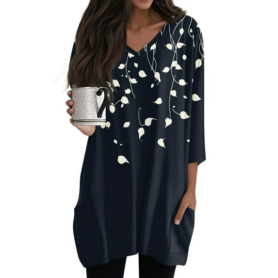 WTOBBY Women's Fashion Casual Retro Floral Print V-Neck Mid-Length Tunic Tops with Pockets, 3/4 Sleeve Blouses, Comfortable and Functional Shirt,Multicolor M