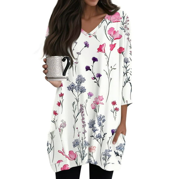 WTOBBY Women's Fashion Casual Retro Floral Print V-Neck Mid-Length Tunic Tops with Pockets, 3/4 Sleeve Blouses, Comfortable and Functional Shirt,Pink S