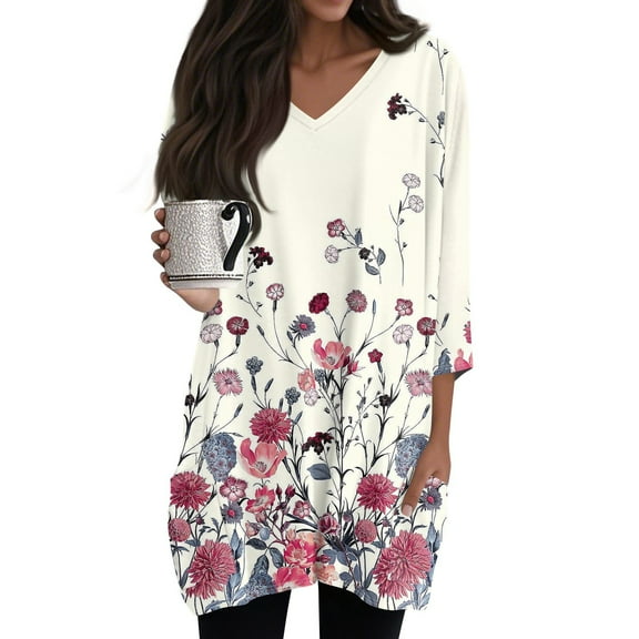 WTOBBY Women's Fashion Casual Retro Floral Print V-Neck Mid-Length Tunic Tops with Pockets, 3/4 Sleeve Blouses for Stylish and Comfortable Shirt Wear,Beige 3XL