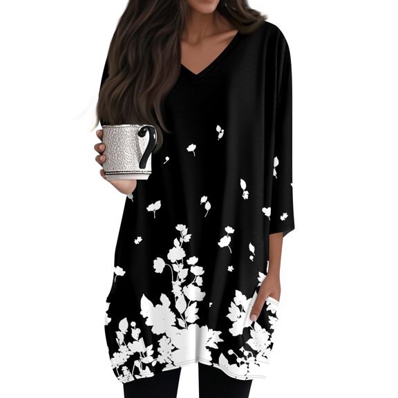 WTOBBY Women's Fashion Casual Retro Floral Print V-Neck Mid-Length Tunic Tops with Pockets, 3/4 Sleeve Blouses for Stylish and Comfortable Shirt Wear,Black S