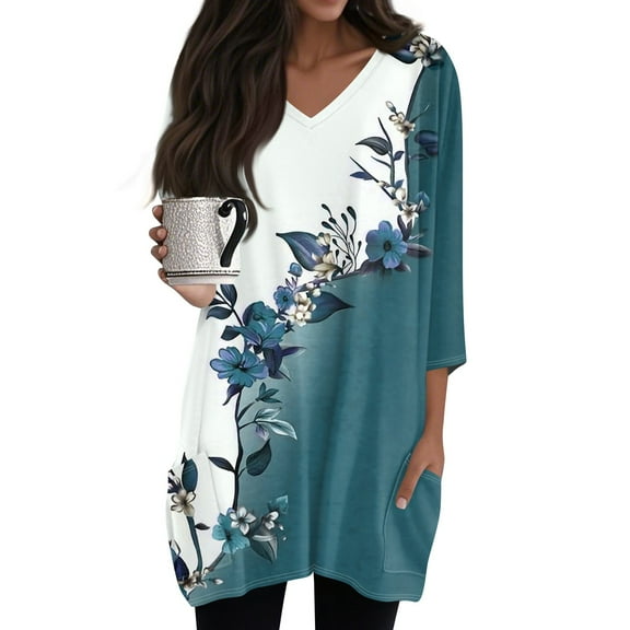 WTOBBY Women's Fashion Casual Retro Floral Print V-Neck Mid-Length Tunic Tops with Pockets, 3/4 Sleeve Blouses for Stylish and Comfortable Shirt Wear,Blue S