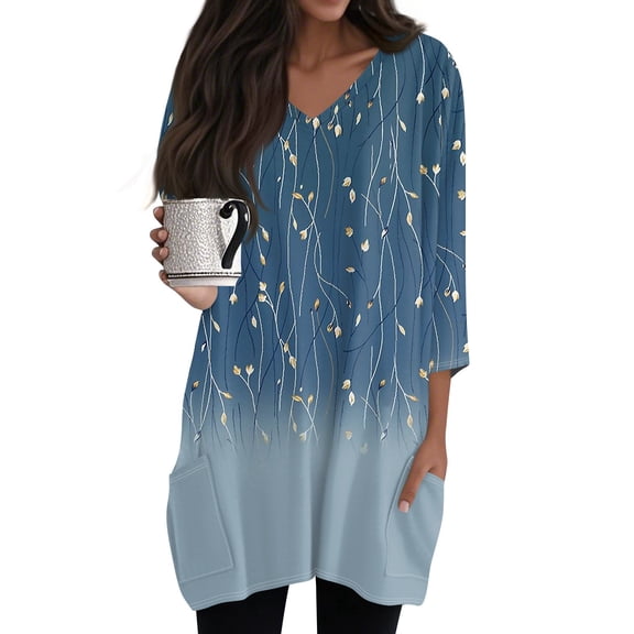 WTOBBY Women's Fashion Casual Retro Floral Print V-Neck Mid-Length Tunic Tops with Pockets, 3/4 Sleeve Blouses for Stylish and Comfortable Shirt Wear,Dark Blue S