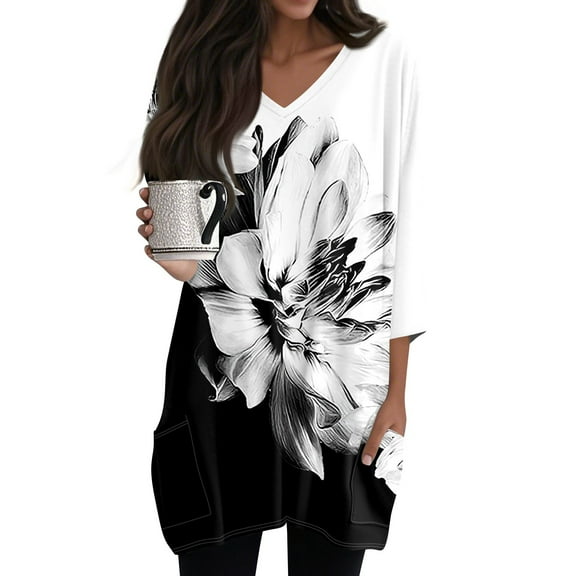 WTOBBY Women's Fashion Casual Retro Floral Print V-Neck Mid-Length Tunic Tops with Pockets, 3/4 Sleeve Blouses for Stylish and Comfortable Shirt Wear,Dark Gray M