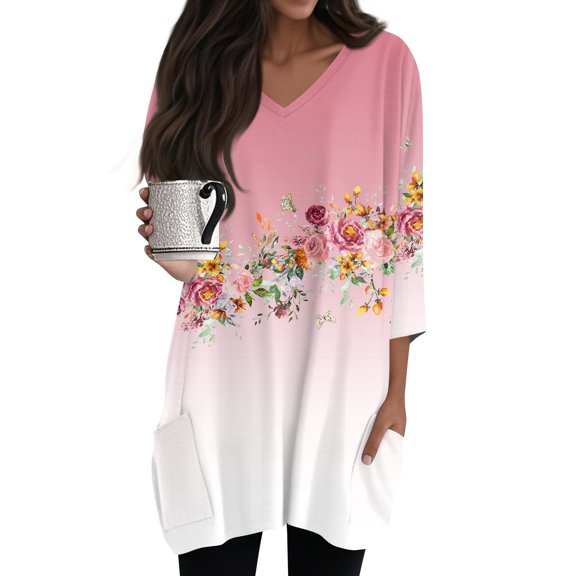 WTOBBY Women's Fashion Casual Retro Floral Print V-Neck Mid-Length Tunic Tops with Pockets, 3/4 Sleeve Blouses for Stylish and Comfortable Shirt Wear,Light pink S
