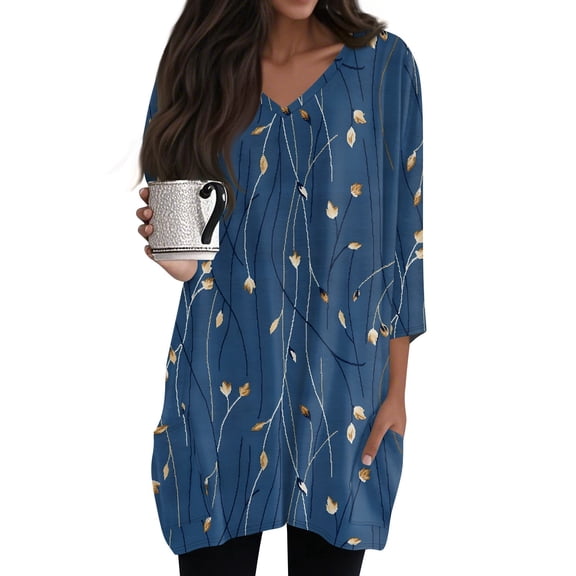 WTOBBY Women's Fashion Casual Retro Floral Print V-Neck Mid-Length Tunic Tops with Pockets, 3/4 Sleeve Blouses for Stylish and Comfortable Shirt Wear,Navy S