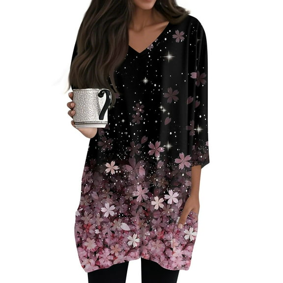 WTOBBY Women's Fashion Casual Retro Floral Print V-Neck Mid-Length Tunic Tops with Pockets, 3/4 Sleeve Blouses for Stylish and Comfortable Shirt Wear,Purple Pink XL