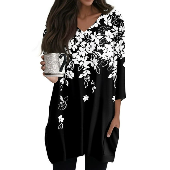 WTOBBY Women's Fashion Casual Retro Floral Print V-Neck Mid-Length Tunic Tops with Pockets, 3/4 Sleeve Blouses for Stylish and Comfortable Shirt Wear,White 2XL