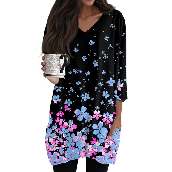 WTOBBY Women's Fashion Casual Retro Floral Print V-Neck Mid-Length Tunic Tops with Pockets, 3/4 Sleeve Blouses, Stylish and Functional Shirt,Dark Blue S