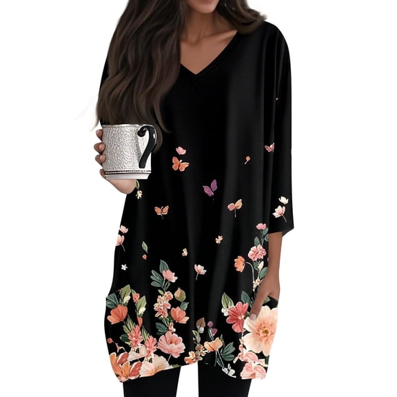 WTOBBY Women's Fashion Casual Retro Floral Print V-Neck Mid-Length Tunic Tops with Pockets, 3/4 Sleeve Blouses, Stylish and Functional Shirt,Multicolor S