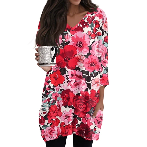 WTOBBY Women's Fashion Casual Retro Floral Print V-Neck Mid-Length Tunic Tops with Pockets, 3/4 Sleeve Blouses, Versatile and Stylish Shirt,Red S