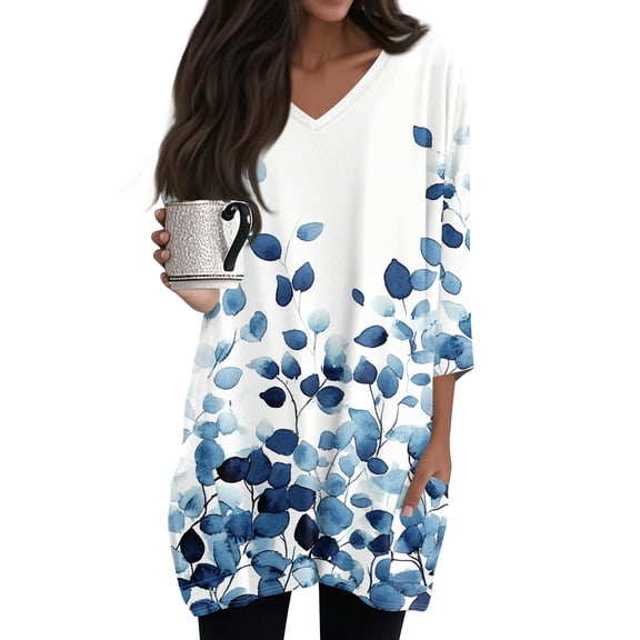 WTOBBY Women's Fashion Casual Retro Floral Print V-Neck Mid-Length Tunic Tops with Pockets, 3/4 Sleeve Blouses, Versatile and Stylish Shirt,White XL