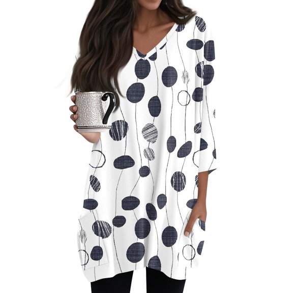 WTOBBY Women's Fashion Casual Retro Geometric Print V-Neck Mid-Length Tunic Tops with Pockets, 3/4 Sleeve Blouses, Comfortable Shirt for Daily Style,Navy XL