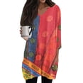 thumbnail image 1 of WTOBBY Women's Fashion Casual Retro Geometric Print V-Neck Mid-Length Tunic Tops with Pockets, 3/4 Sleeve Blouses, Comfortable Shirt for Daily Style,Red M, 1 of 5