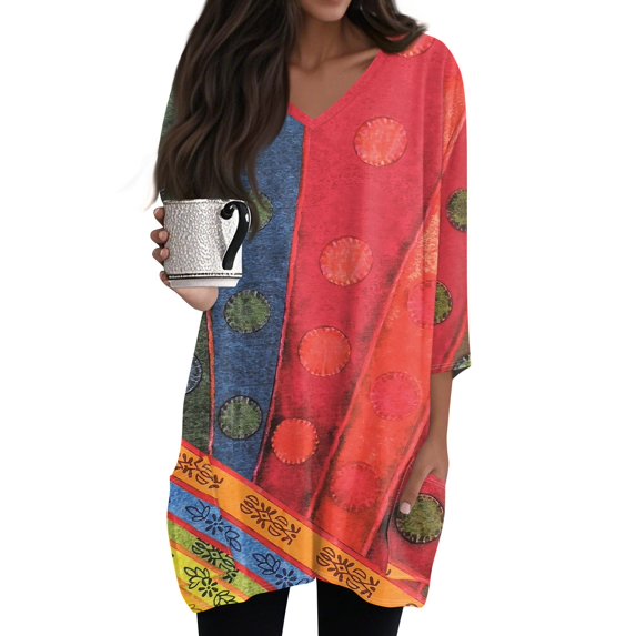 WTOBBY Women's Fashion Casual Retro Geometric Print V-Neck Mid-Length Tunic Tops with Pockets, 3/4 Sleeve Blouses, Comfortable Shirt for Daily Style,Red M