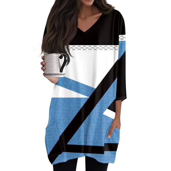 WTOBBY Women's Fashion Casual Retro Geometric Print V-Neck Mid-Length Tunic Tops with Pockets, 3/4 Sleeve Blouses, Daily Use Comfort Shirt,Light Blue S