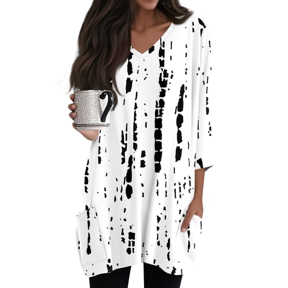 WTOBBY Women's Fashion Casual Retro Geometric Print V-Neck Mid-Length Tunic Tops with Pockets, 3/4 Sleeve Blouses, Daily Use Comfort Shirt,Light Gray M