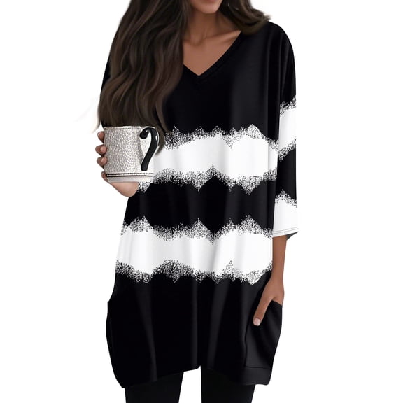 WTOBBY Women's Fashion Casual Retro Geometric Print V-Neck Mid-Length Tunic Tops with Pockets, 3/4 Sleeve Blouses for Daily Wear, Comfortable and Stylish Shirt,Black S
