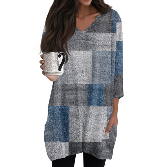 WTOBBY Women's Fashion Casual Retro Geometric Print V-Neck Mid-Length Tunic Tops with Pockets, 3/4 Sleeve Blouses, Daily Use Comfort Shirt,Blue S