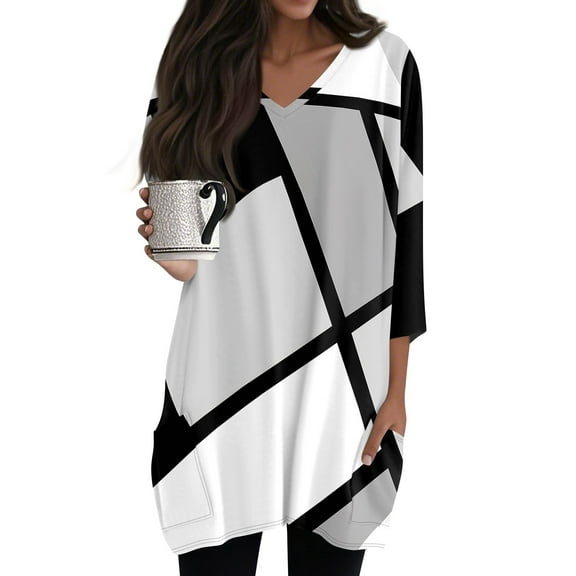 WTOBBY Women's Fashion Casual Retro Geometric Print V-Neck Mid-Length Tunic Tops with Pockets, 3/4 Sleeve Blouses, Daily Use Comfort Shirt,Gray S