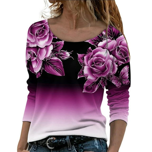 WTOBBY Women's Fashion Casual Rose Gradient Print Round Neck Long Sleeve Top, Versatile All-Match Blouse for Ladies Comfortable and Stylish Wear,Hot Pink XL