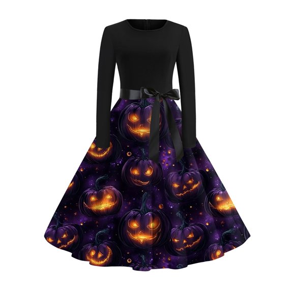 WTOBBY Women's Fashion Casual Round Neck Halloween Print Long Sleeve Dress with Retro Design and Comfortable Fit for Party and Everyday Wear ,Dark Purple S