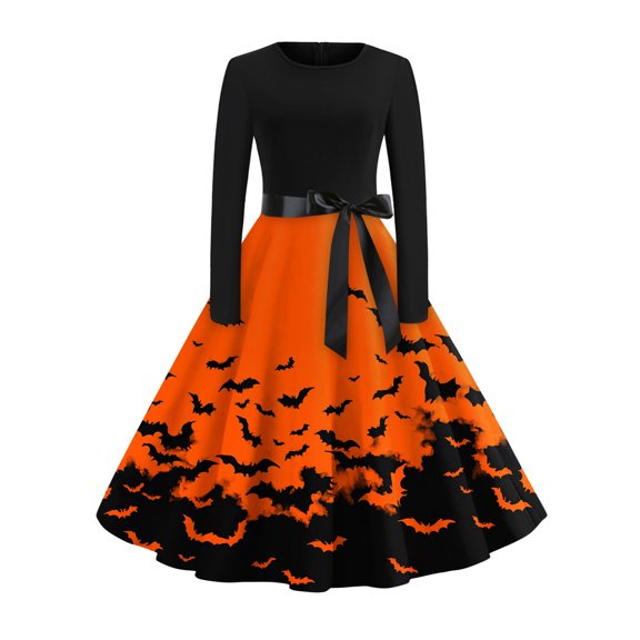 WTOBBY Women's Fashion Casual Round Neck Halloween Print Long Sleeve Dress with Retro Design and Comfortable Fit for Party and Everyday Wear ,Saffron S