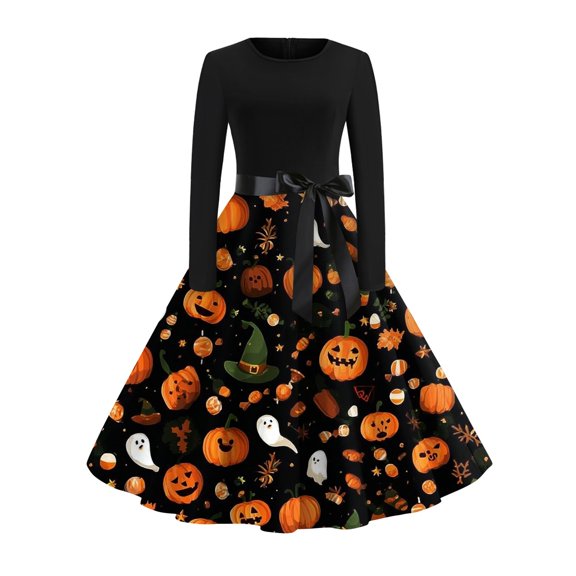 WTOBBY Women's Fashion Casual Round Neck Halloween Print Long Sleeve Dress with Retro Design and Comfortable Fit for Party and Everyday Wear ,Black M