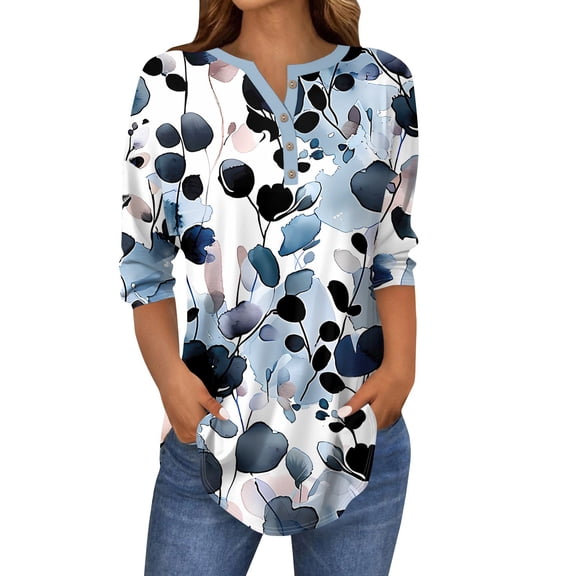 WTOBBY Women's Fashion Casual Round Neck Printed T-Shirt Top, Loose Fit Floral Button Down 3/4 Sleeve Blouse, Comfortable Pullover Shirt with Modern Design,Navy XL