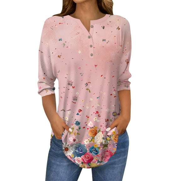 WTOBBY Women's Fashion Casual Round Neck Printed T-Shirt Top, Loose Fit Floral Button Down 3/4 Sleeve Blouse, Comfortable Pullover Shirt with Modern Design,Pink S