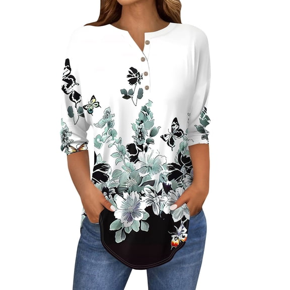 WTOBBY Women's Fashion Casual Round Neck Printed T-Shirt Top, Loose Fit Floral Button Down 3/4 Sleeve Blouse, Comfortable Pullover Shirt with Modern Design,White 3XL