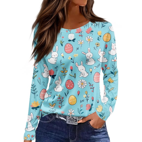 WTOBBY Women's Fashion Casual Slit Hem Easter Print Round Neck Long Sleeve T-Shirt Top, Loose Fit Ladies Blouse with Bunny and Egg Design for Fun Outings,Sky Blue S