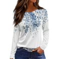 thumbnail image 1 of WTOBBY Women's Fashion Casual Slit Hem Floral Print Round Neck Long Sleeve T-Shirt Top, Ladies Comfortable Blouse with Stylish Design for Relaxed Everyday Wear,Light Blue XL, 1 of 5