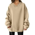 thumbnail image 1 of WTOBBY Women's Fashion Casual Solid Color Long Sleeve V-Neck Sweatshirt Top, Comfortable Pullover for Women, Soft Material Ideal for Lounge and Casual Outings,Beige L, 1 of 5