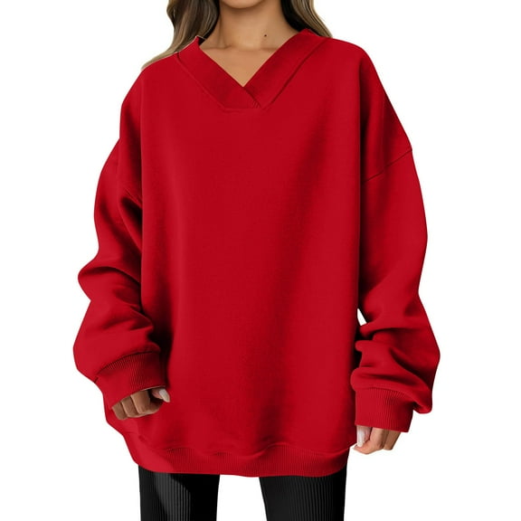 WTOBBY Women's Fashion Casual Solid Color Long Sleeve V-Neck Sweatshirt Top, Comfortable Pullover for Women, Soft Material Ideal for Lounge and Casual Outings,Red M