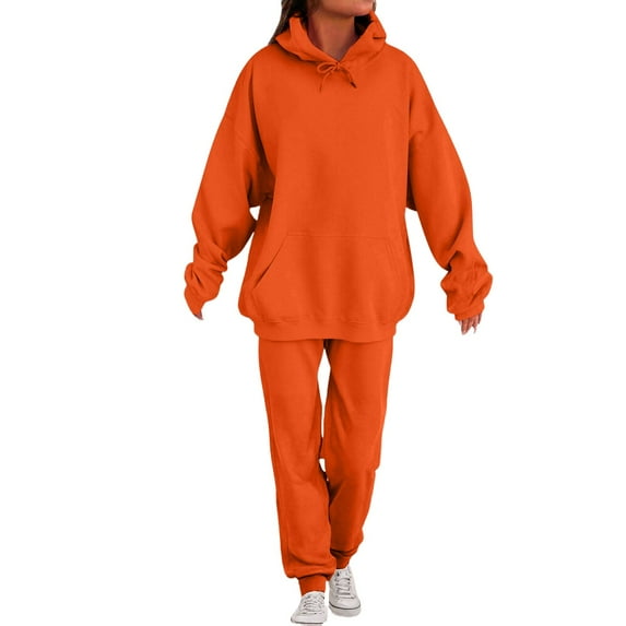 WTOBBY Women's Fashion Casual Solid Color Loose Hooded Sweatshirt Two-Piece Set, Comfortable Lounge Wear for Home, Street Style Outfit for Daily Activities, Perfect for Relaxation,Orange M