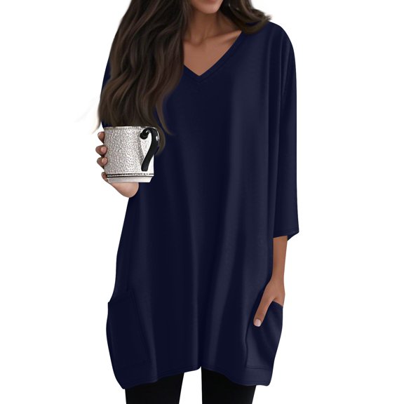 WTOBBY Women's Fashion Casual Solid Color V-Neck Mid-Length Tunic Tops with Pockets, 3/4 Sleeve Blouses, Simple and Elegant Shirt for Daily Use,Navy XL