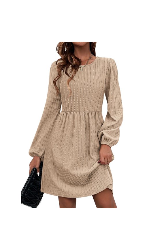 Women's Fashion Casual Solid Round Neck Pullover Loose Long Sleeve Dress Minimalist Style with Easy Pull-On Design Comfortable Fabric for Everyday Wear Wardrobe Staple,Khaki S