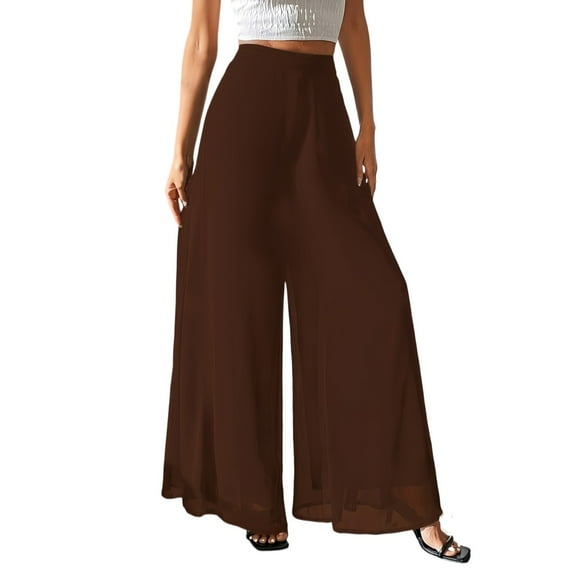 WTOBBY Women's Fashion Casual Straight Pants Nine Point Design with Wide Leg Loose Fit and Side Pockets for Chic Summer Outfits ,Brown XL