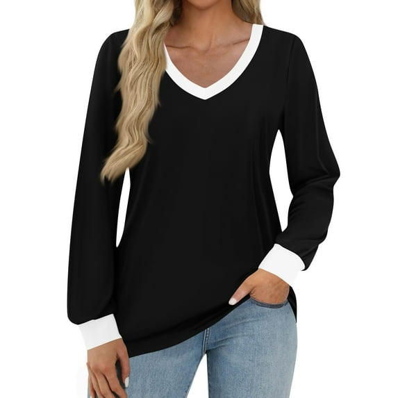 WTOBBY Women's Fashion Casual Top with V-Neck and Color Block Design, Long Sleeve Shirt Style for Stylish Outfits, Comfort Fit for Everyday Use, Great for Layering,Black L