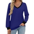 thumbnail image 1 of WTOBBY Women's Fashion Casual Top with V-Neck and Color Block Design, Long Sleeve Shirt Style for Stylish Outfits, Comfort Fit for Everyday Use, Great for Layering,Blue M, 1 of 5