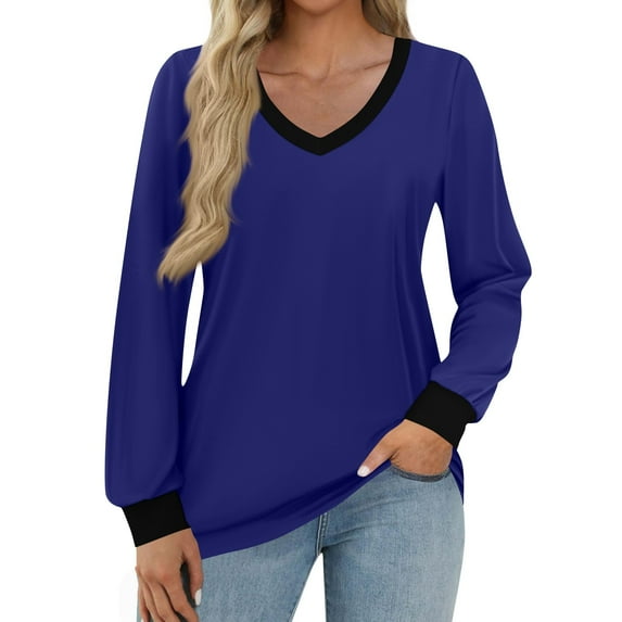 WTOBBY Women's Fashion Casual Top with V-Neck and Color Block Design, Long Sleeve Shirt Style for Stylish Outfits, Comfort Fit for Everyday Use, Great for Layering,Blue M