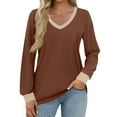 thumbnail image 1 of WTOBBY Women's Fashion Casual Top with V-Neck and Color Block Design, Long Sleeve Shirt Style for Stylish Outfits, Comfort Fit for Everyday Use, Great for Layering,Brown L, 1 of 5